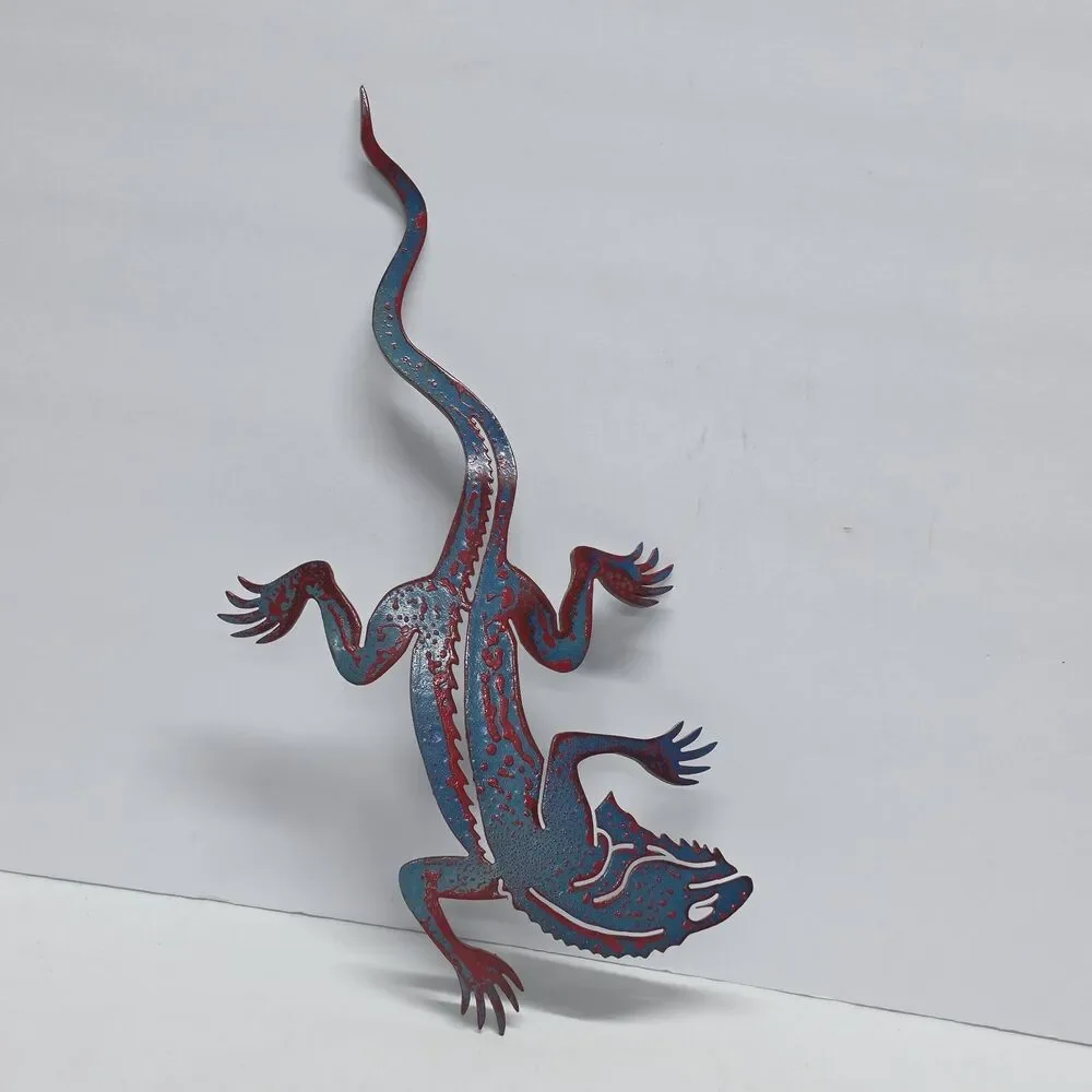 Gecko Lizard Metal Wall Art Outdoor Indoor Garden Cottagecore Cabin Decor Blue